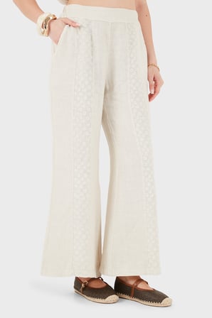 Via Dante % 100 Keten Relaxed Fit Brode İşlemeli Pantolon Bayan PANTOLON 69912211 TAŞ