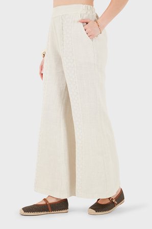 Via Dante % 100 Keten Relaxed Fit Brode İşlemeli Pantolon Bayan PANTOLON 69912211 TAŞ