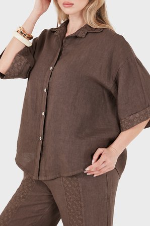 Via Dante % 100 Keten Brode Detaylı Kısa Kollu Gömlek Bayan GÖMLEK 69912875 KAHVE