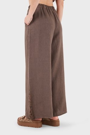 Via Dante Relaxed Fit Güpür Detaylı Bol Paça Keten Pantolon Bayan PANTOLON 699E10941 KAHVE