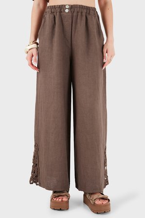 Via Dante Relaxed Fit Güpür Detaylı Bol Paça Keten Pantolon Bayan PANTOLON 699E10941 KAHVE