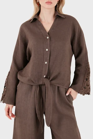 Via Dante Relaxed Fit Güpür Detaylı Uzun Kollu Keten Gömlek Bayan GÖMLEK 699E31842 KAHVE