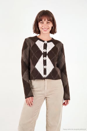 Lela Regular Fit Bisiklet Yaka Baklava Desenli Düğmeli Crop Hırka Kadın HIRKA 4615570 KAHVE