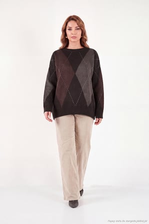 Lela Oversize Fit Bisiklet Yaka Baklava Desenli Kazak Kadın KAZAK 4615578 KAHVE