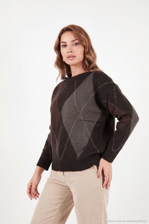 Lela Oversize Fit Bisiklet Yaka Baklava Desenli Kazak Kadın KAZAK 4615578 KAHVE