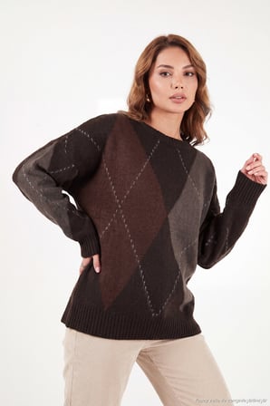 Lela Oversize Fit Bisiklet Yaka Baklava Desenli Kazak Kadın KAZAK 4615578 KAHVE