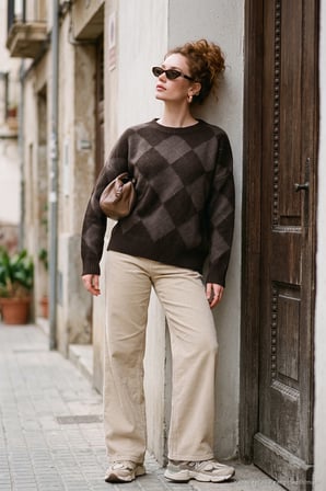 Lela Oversize Fit Bisiklet Yaka Baklava Desenli Kazak Kadın KAZAK 4615579 KAHVE