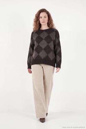 Lela Oversize Fit Bisiklet Yaka Baklava Desenli Kazak Kadın KAZAK 4615579 KAHVE