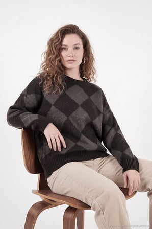 Lela Oversize Fit Bisiklet Yaka Baklava Desenli Kazak Kadın KAZAK 4615579 KAHVE