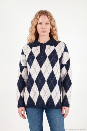Lela Oversize Baklava Desenli Düğmeli Polo Yaka Kazak Kadın POLO YAKA KAZAK 4615593 LACİVERT-TAŞ