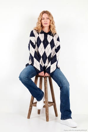 Lela Oversize Baklava Desenli Düğmeli Polo Yaka Kazak Kadın POLO YAKA KAZAK 4615593 LACİVERT-TAŞ