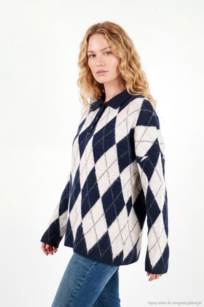 Lela Oversize Baklava Desenli Düğmeli Polo Yaka Kazak Kadın POLO YAKA KAZAK 4615593 LACİVERT-TAŞ