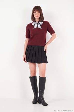 Lela Yün Karışımlı Regular Fit Fularlı Yaka Kısa Kollu Triko Kazak Kadın KAZAK 4617023 BORDO