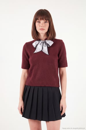 Lela Yün Karışımlı Regular Fit Fularlı Yaka Kısa Kollu Triko Kazak Kadın KAZAK 4617023 BORDO
