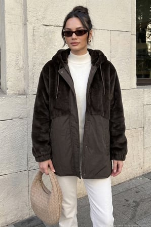 Lela Garnili Pelüş Dokulu Kapüşonlu Dizüstü Mont Kadın MONT 497FUR KAHVE
