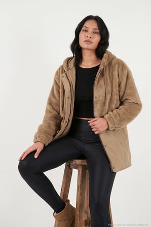 Lela Garnili Pelüş Dokulu Kapüşonlu Dizüstü Mont Kadın MONT 497FUR BEJ