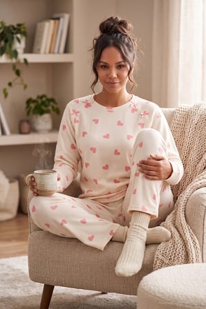 Lela Desenli Yumuşak Dokulu Uzun Kollu Pijama Takımı Kadın PİJAMA TAKIMI 6575020 EKRU