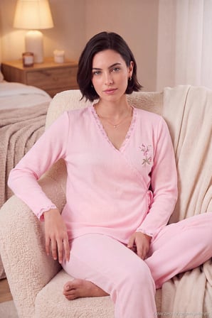 Lela Desenli Dantel Detaylı Bağlamalı Uzun Kollu Pijama Takımı Kadın PİJAMA TAKIMI 6575024 PEMBE
