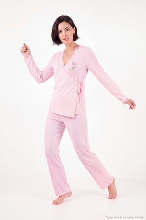 Lela Desenli Dantel Detaylı Bağlamalı Uzun Kollu Pijama Takımı Kadın PİJAMA TAKIMI 6575024 PEMBE