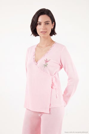 Lela Desenli Dantel Detaylı Bağlamalı Uzun Kollu Pijama Takımı Kadın PİJAMA TAKIMI 6575024 PEMBE