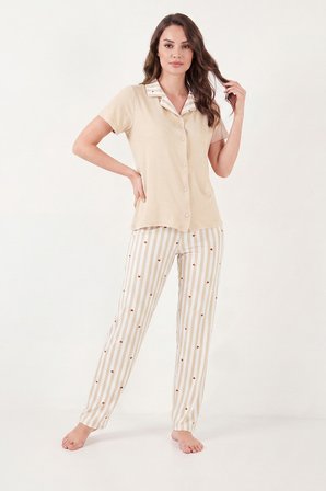Lela Desenli Yumuşak Dokulu Kısa Kollu Pijama Takımı Bayan PİJAMA TAKIMI 65750120 BEYAZ-KAHVE