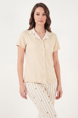 Lela Desenli Yumuşak Dokulu Kısa Kollu Pijama Takımı Bayan PİJAMA TAKIMI 65750120 BEYAZ-KAHVE