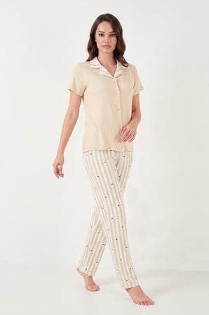 Lela Desenli Yumuşak Dokulu Kısa Kollu Pijama Takımı Bayan PİJAMA TAKIMI 65750120 BEYAZ-KAHVE