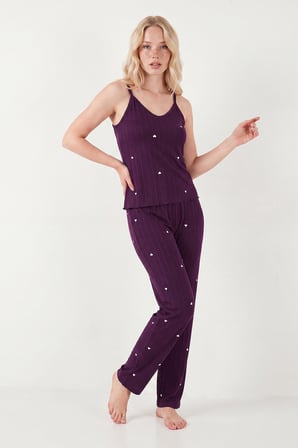 Lela Askılı V Yaka Lastikli Bel Fitilli Pijama Takımı Bayan PİJAMA TAKIMI 65780604 MÜRDÜM
