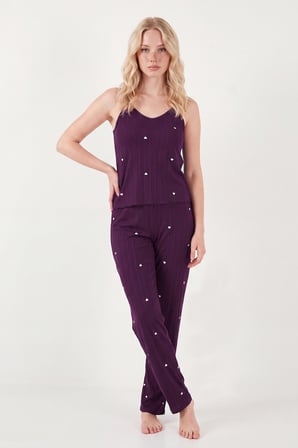 Lela Askılı V Yaka Lastikli Bel Fitilli Pijama Takımı Bayan PİJAMA TAKIMI 65780604 MÜRDÜM