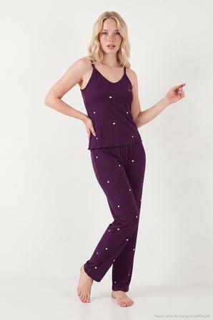 Lela Askılı V Yaka Lastikli Bel Fitilli Pijama Takımı Bayan PİJAMA TAKIMI 65780604 MÜRDÜM