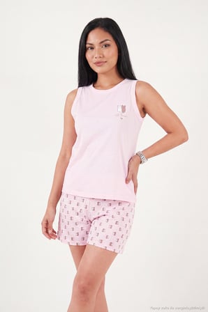 Lela Baskılı Pamuklu Bisiklet Yaka Şortlu Pijama Takımı Bayan PİJAMA TAKIMI 65790786 PEMBE