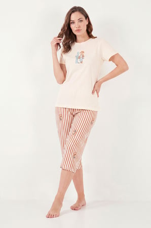 Lela Desenli Pamuklu Bisiklet Yaka Kaprili Pijama Takımı Bayan PİJAMA TAKIMI 65790787 BEJ