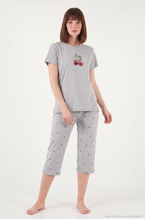 Lela Desenli Pamuklu Bisiklet Yaka Kaprili Pijama Takımı Bayan PİJAMA TAKIMI 65790787 GRİ
