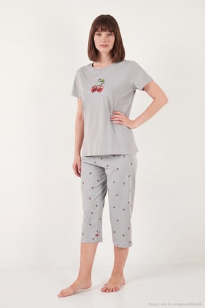 Lela Desenli Pamuklu Bisiklet Yaka Kaprili Pijama Takımı Bayan PİJAMA TAKIMI 65790787 GRİ