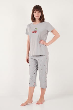 Lela Desenli Pamuklu Bisiklet Yaka Kaprili Pijama Takımı Bayan PİJAMA TAKIMI 65790787 GRİ