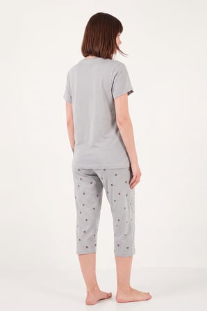 Lela Desenli Pamuklu Bisiklet Yaka Kaprili Pijama Takımı Bayan PİJAMA TAKIMI 65790787 GRİ