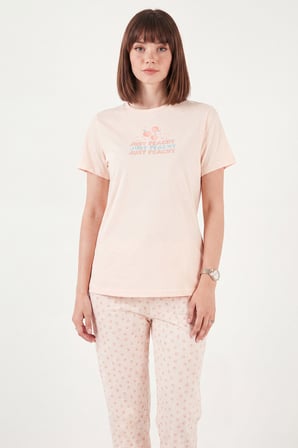 Lela Desenli Pamuklu Bisiklet Yaka Kaprili Pijama Takımı Bayan PİJAMA TAKIMI 65790787 TURUNCU