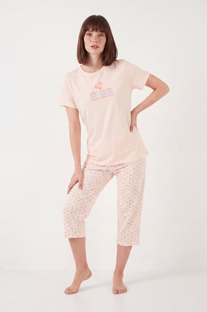 Lela Desenli Pamuklu Bisiklet Yaka Kaprili Pijama Takımı Bayan PİJAMA TAKIMI 65790787 TURUNCU