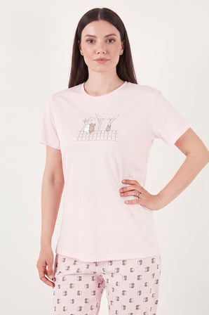 Lela Desenli Pamuklu Bisiklet Yaka Kaprili Pijama Takımı Bayan PİJAMA TAKIMI 65790787 PUDRA