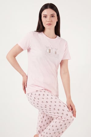 Lela Desenli Pamuklu Bisiklet Yaka Kaprili Pijama Takımı Bayan PİJAMA TAKIMI 65790787 PUDRA
