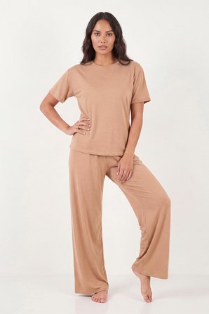 Lela Yumuşak Dokulu Bisiklet Yaka Lastikli Bel Kısa Kollu Pijama Takımı Bayan PİJAMA TAKIMI 65720102 BEJ