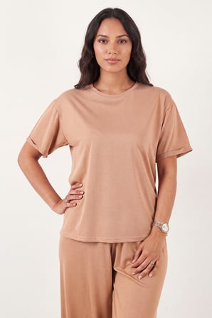 Lela Yumuşak Dokulu Bisiklet Yaka Lastikli Bel Kısa Kollu Pijama Takımı Bayan PİJAMA TAKIMI 65720102 BEJ