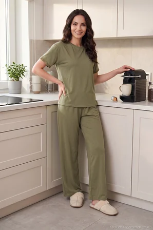 Lela Yumuşak Dokulu Bisiklet Yaka Lastikli Bel Kısa Kollu Pijama Takımı Bayan PİJAMA TAKIMI 65720102 HAKİ