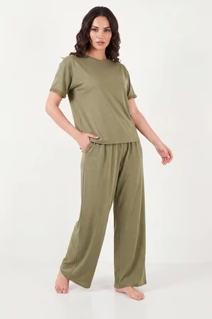 Lela Yumuşak Dokulu Bisiklet Yaka Lastikli Bel Kısa Kollu Pijama Takımı Bayan PİJAMA TAKIMI 65720102 HAKİ