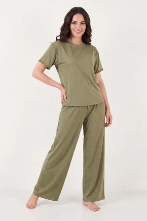 Lela Yumuşak Dokulu Bisiklet Yaka Lastikli Bel Kısa Kollu Pijama Takımı Bayan PİJAMA TAKIMI 65720102 HAKİ