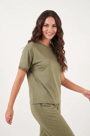 Lela Yumuşak Dokulu Bisiklet Yaka Lastikli Bel Kısa Kollu Pijama Takımı Bayan PİJAMA TAKIMI 65720102 HAKİ
