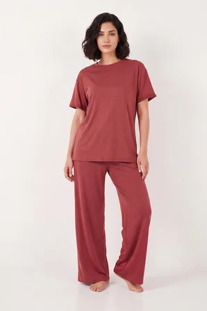 Lela Yumuşak Dokulu Bisiklet Yaka Lastikli Bel Kısa Kollu Pijama Takımı Bayan PİJAMA TAKIMI 65720102 KİREMİT