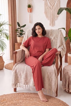 Lela Yumuşak Dokulu Bisiklet Yaka Lastikli Bel Kısa Kollu Pijama Takımı Bayan PİJAMA TAKIMI 65720102 KİREMİT