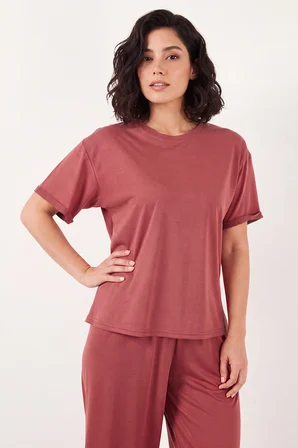 Lela Yumuşak Dokulu Bisiklet Yaka Lastikli Bel Kısa Kollu Pijama Takımı Bayan PİJAMA TAKIMI 65720102 KİREMİT