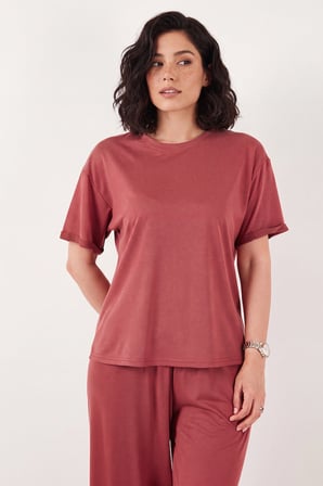 Lela Yumuşak Dokulu Bisiklet Yaka Lastikli Bel Kısa Kollu Pijama Takımı Bayan PİJAMA TAKIMI 65720102 KİREMİT
